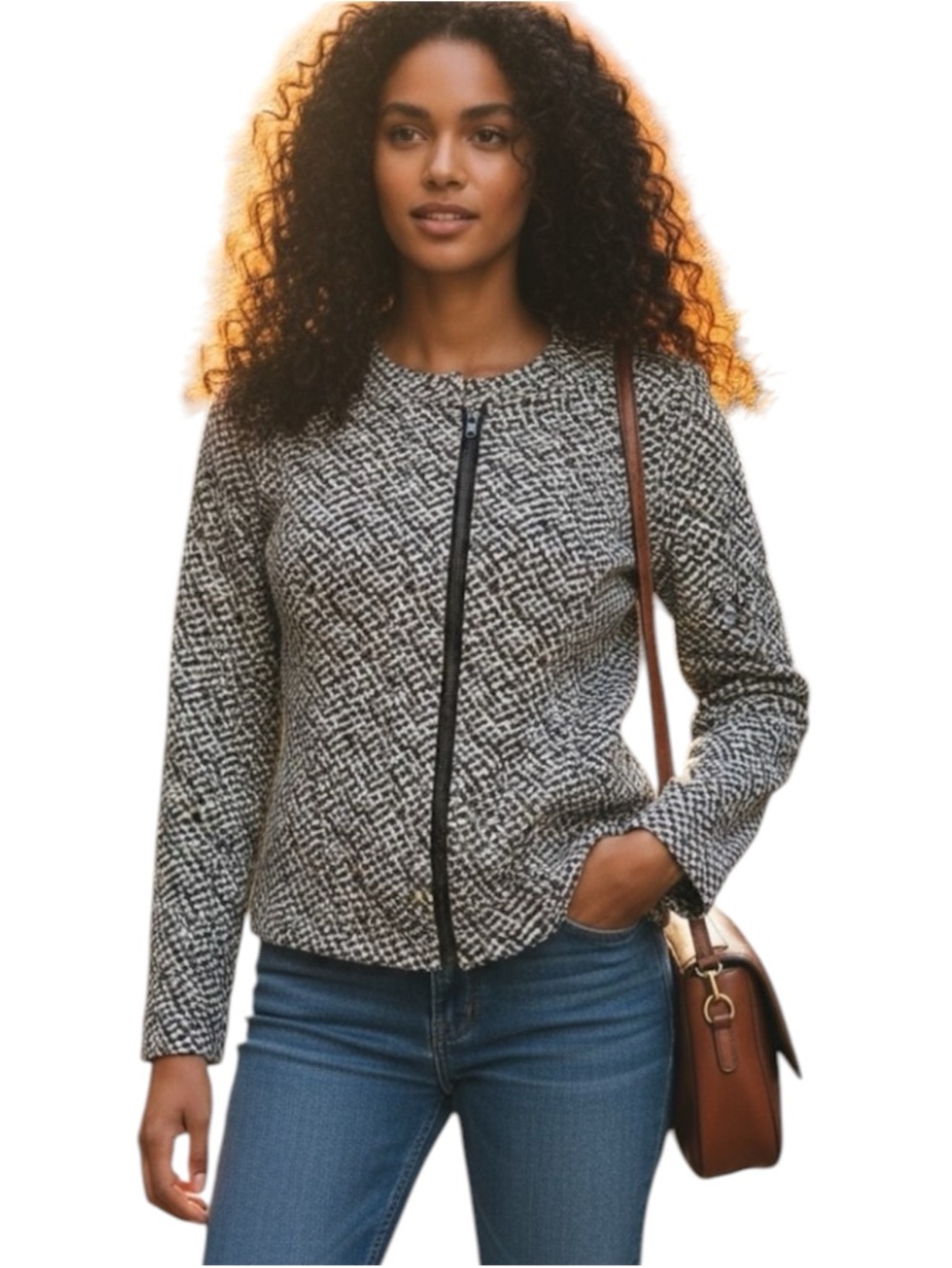 CAbi Cliffside Moto Black and White Geometric lightweight, collarless Jacket
